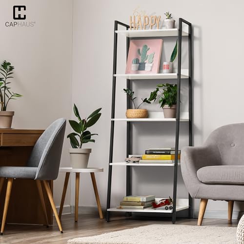 CAPHAUS 5 Tier Ladder Bookshelf, 24 Inch Width Free Standing Shelf, Bookcase Shelf Storage Rack Organizer, Industrial Book Shelves for Home Office, Living Room, Kitchen, White, Vintage Shelves - color: White, size: 5-Tier