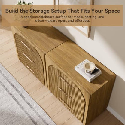Buffet Cabinet with 3 Storage Drawers, 94.5'' Wide Mid-Century Modular Sideboard Storage Cabinet, Wooden Arched Credenza Cabinet for Kitchen, Coffee Bar, Living Room, Entryway, Natural Oak - color: Oak-drawers