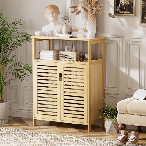 HITNET Bathroom Storage Cabinet, Bamboo Floor Cabinet with Double Doors and Open Shelf, Freestanding Cupboard for Living Room, Kitchen, Entryway, Natural - color: Natural