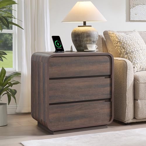 Standifurno Walnut 3 Drawers Nightstand, 25" Tall Wooden Bedside Table with Charging Station, Large Side Table Curved Profile, Handleless, Large End Table Night Stand for Bedroom, Office - color: Walnut, size: 3 Drawer(1PC)