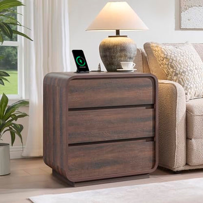 Standifurno Walnut 3 Drawers Nightstand, 25" Tall Wooden Bedside Table with Charging Station, Large Side Table Curved Profile, Handleless, Large End Table Night Stand for Bedroom, Office - color: Walnut, size: 3 Drawer(1PC)