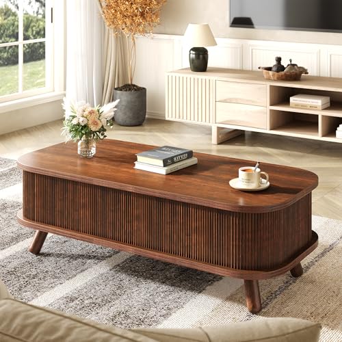 knoworld Fluted Lift Top Coffee Table with Storage, 47" Oval Coffee Table with 3-Partition Hidden Compartment, Mid Century Modern Wood Center Table for Living Room, Work & Dining from Sofa, Walnut