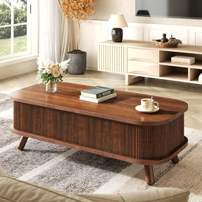 knoworld Fluted Lift Top Coffee Table with Storage, 47" Oval Coffee Table with 3-Partition Hidden Compartment, Mid Century Modern Wood Center Table for Living Room, Work & Dining from Sofa, Walnut