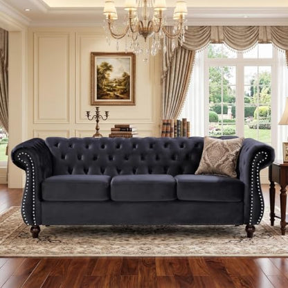 GDFStudio 82.6" Chesterfield Sofa Set, Modern Velvet Upholstered Sofa Set, Comfy 3 Seat Couch with Loveseat for Living Room Apartment, Button Tufted Rolled Arms Solid Wood Legs Spring Cushion, Black - color: Black, size: 3+2 Seat