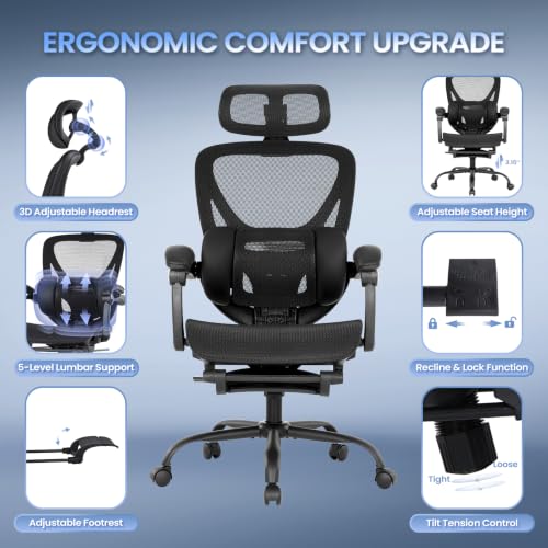 MALOL Ergonomic Mesh Office Chair with Footrest, Executive High Back Computer Desk Chair with 3D Adjustable Headrest & 5-Level Lumbar Support, Track Armrest, Tilt Lock, 300LBS, Black - color: Black