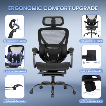 MALOL Ergonomic Mesh Office Chair with Footrest, Executive High Back Computer Desk Chair with 3D Adjustable Headrest & 5-Level Lumbar Support, Track Armrest, Tilt Lock, 300LBS, Black - color: Black
