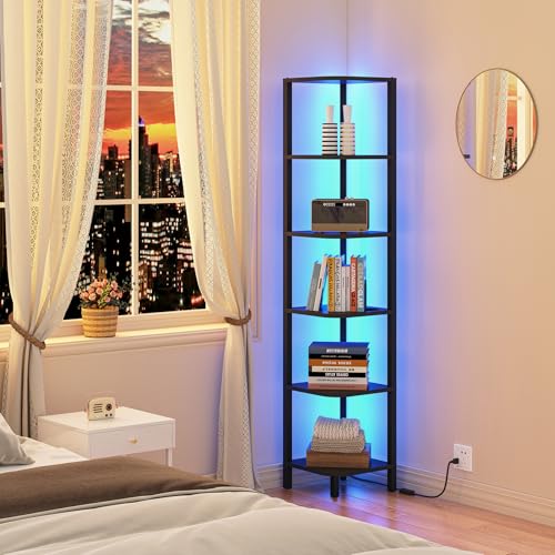 TUTOTAK Corner Shelf with LED Light, 6-Tier Corner Bookshelf | for Small Space, Narrow Display Corner Shelf Stand with Storage Rack, for Living Room, Bedroom, Black BS08BK006L - color: Black, size: 6-Tier Large With LED