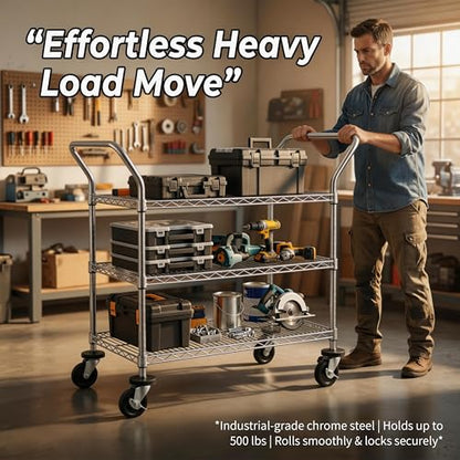 Finnhomy 3-Tier Commercial Grade Rolling Cart, Heavy Duty Utility Cart with Wheels and Handles, Metal Kitchen Carts on Wheels with 500 lbs Capacity, Shelf Size 20" D x 36" W, NSF - size: 20"D x 43.3"W x 39.7"H