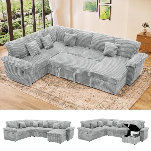 Modular Sectional Sleeper Sofa with Pull Out Bed, 104" U Shaped 7 Seat Cloud Sectional Couches for Living Room, Comfy Corduroy Couch Sofa Bed with Storage Chaise, USB Charging, Light Grey - color: Light Grey