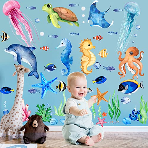 4 Sheets Ocean Fish Wall Decals Stickers Sea Wall Decal Stickers Removable Sea Life Marine Animal Sticker Underwater Ocean Creatures Decor for Kids Girls Boy Nursery Bedroom Bathroom | Vivid Sea Life and Marine Animal Sticker,Removable,Underwater Ocean Cr