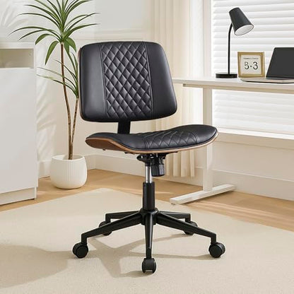 VipDesk Modern Black Home Office Chair – Armless Mid-Back Desk Chair with PU Leather, Adjustable Height, Swivel Wheels, Walnut Wood Finish, Perfect for Small Spaces - color: Black, size: MCM Style
