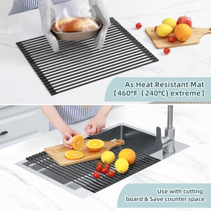 Ohuhu Over The Sink Dish Drainer Drying Rack, 17.6" W x 15.4" L Roll Up Dish Racks Kitchen Sink Organizer Silicone Wrapped Large in Sink Dish Drying Rack Foldable Rolling Drain Mats Anti-Slip - color: Black, size: 17.6"W x 15.4"L