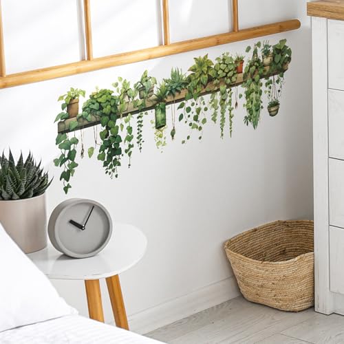 Nature Green Plants Peel and Stick Wall Decals Wallpaper, Removable Wall Decals Shelves Green Plants Vinyl Art Wall Stickers & Murals for Living Room Kitchen Bathroom Decoration (A-Green) - style: Plant