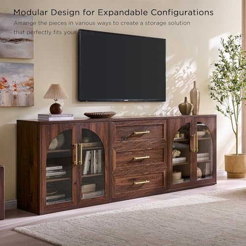 Glass Arched Door Sideboard Buffet Cabinet Set of 2, Brown | Modular, Multi-Compartment Storage, Adjustable Shelf, Soft Close Hinges, Freestanding, for Dining Room, Living Room - color: Brown