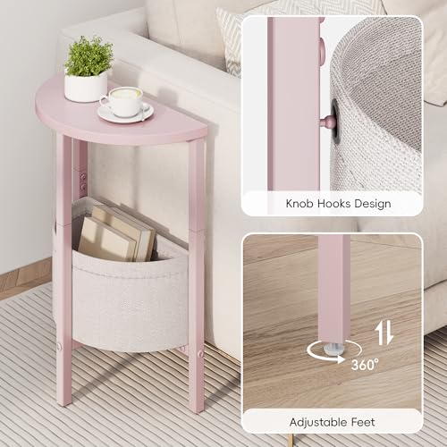 Small Round Side Table, Accent End Table with Storage Basket, Set of 2 Half Round Coffee Table End Table, Half Moon Bedside Table, Modern Nightstand Couch Table for Living Room Bedroom, Pink - color: Pink