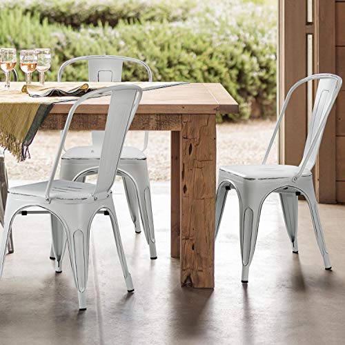 Devoko Metal Indoor-Outdoor Chairs Distressed Style Kitchen Dining Chairs Stackable Side Chair with Back Set of 4 (White) - color: White