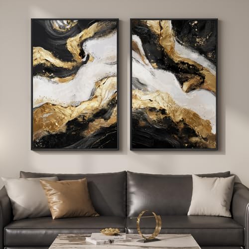 Framed Gold Abstract Wall Art Set of 2 for Living Room, Large Black White Modern Luxury Canvas Artwork for Walls, Contemporary Flow Marble Motifs Painting Print Wall Decor for Bedroom Office, 24x36 In - color: Black Gold White, size: 24" W x 36" H x 2Pcs