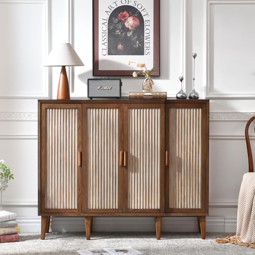 Ahokua 47.5" Fluted Sideboard Cabinet with Adjustable Shelves, Wood Storage Cabinet, Slim Buffet Cabinet for Dining Room, Entryway, Coffee Bar, Living Room, Walnut Brown