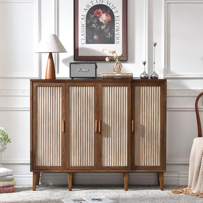 Ahokua 47.5" Fluted Sideboard Cabinet with Adjustable Shelves, Wood Storage Cabinet, Slim Buffet Cabinet for Dining Room, Entryway, Coffee Bar, Living Room, Walnut Brown