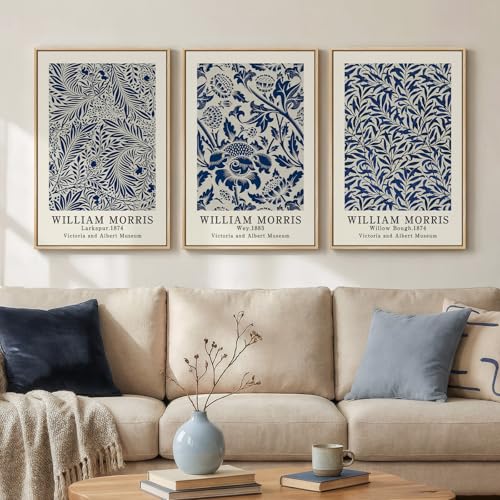 Framed William Morris Wall Art Set of 3, Large Vintage Blue Botanical Floral Canvas Prints, Farmhouse Aesthetic Wall Decor for Living Room Bedroom Hallway Office, 16x24 Inch - color: Blue, size: 16"W x 24" H x 3Pcs