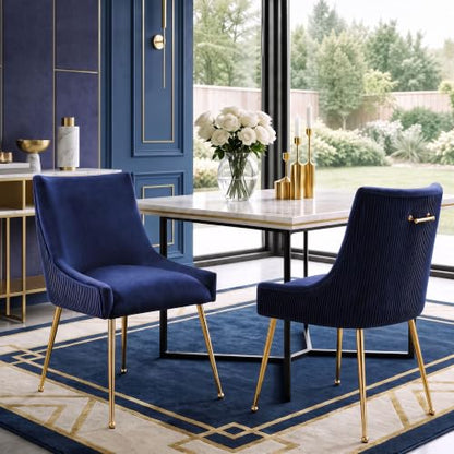WUTUTUEE Velvet Dining Chairs Set of 2 Gold Legs,Upholstered Velvet Accent Chairs, Pleated Back Design & Gold Pull Handle, Mid Century Modern Chairs for Dining/Kitchen/Living Room,Blue - color: Blue, size: Set of 2