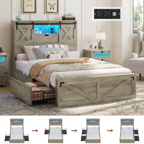 Farmhouse Bed Frame Twin XL Size with 2 Storage Drawers, Wooden Platform Twin XL Bed with LED Lights and Charging Station, Rustic Headboard with Sliding Barn Door Storage Cabinets (Rustic Oak) - color: Rustic Oak, size: Twin XL
