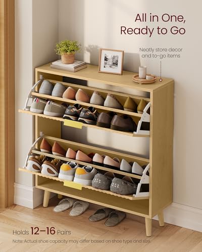 VASAGLE MAXE Collection - Shoe Storage Cabinet with 2 Flip Drawers, Freestanding Narrow Shoe Rack Organizer for Entryway, Fluted Doors, Fits 12-16 Pairs, Mid Century Modern, Oak Beige UHSC202YC03S | Freestanding Shoe Rack Organizer, Fluted Doors, Mid Cent