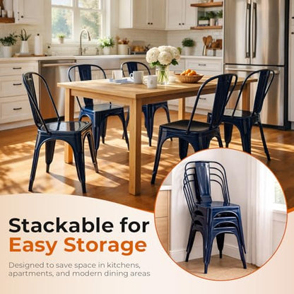 Metal Dining Chairs Set of 4,Sapphire Glow | Stackable Tolix Style Chairs for Kitchen, Restaurant, Bistro,Dining Room,18 Inch Seat Height - color: Sapphire Glow