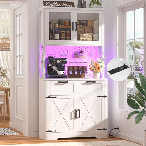Unikito 71" Tall Kitchen Pantry Cabinet with Outlet and LED Light, White | Farmhouse Microwave Stand Storage Hutch with Glass Doors, DIY Pegboard, Drawers & Adjustable Shelf Unit for Dining Room - color: White, size: 32 Inch