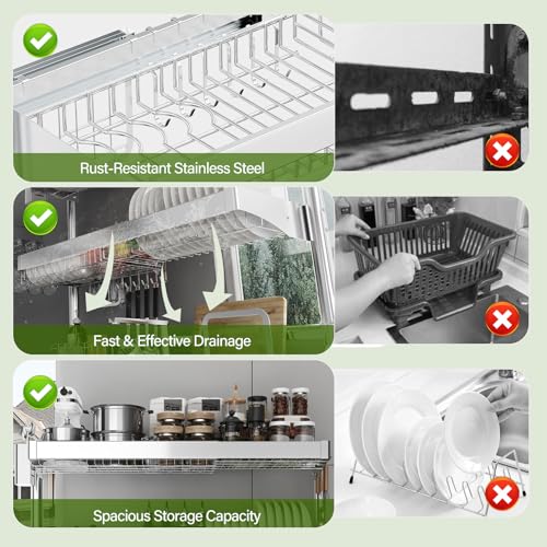 Over The Sink Dish Drainer Drying Rack 3 Tier, Full Stainless Steel Dish Drying Rack Adjustable Length 20.9''-37.4'', Kitchen Sink Shelf, Organized Space-Saving Dish Rack - color: Silver, size: 3 Tier with Flat Grid