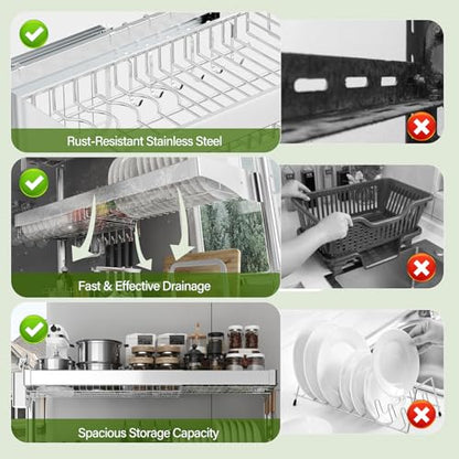 Over The Sink Dish Drainer Drying Rack 3 Tier, Full Stainless Steel Dish Drying Rack Adjustable Length 20.9''-37.4'', Kitchen Sink Shelf, Organized Space-Saving Dish Rack - color: Silver, size: 3 Tier with Flat Grid