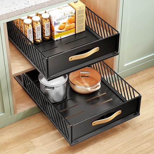 Pull out Cabinet Organizer,Heavy Duty Slide out Pantry Shelves Drawer Storage with Adhesive Nano Film,Sliding Mesh Cabinet Basket with Handle for Kitchen, Bathroom, Home, 13.8"W X 21"D X6.2"H,Black - color: Black, size: 13.8"Wide-21"Deep (1Pack)