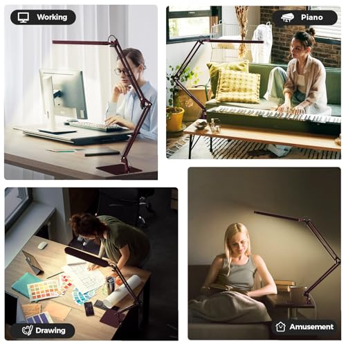 LED Desk Lamp with Slim Base - Adjustable Swing Arm Desk Light, Dimmable, Timer, Eye Protection, Memory Function, 1300LM, 12W, Red - style: Red swing arm with Base