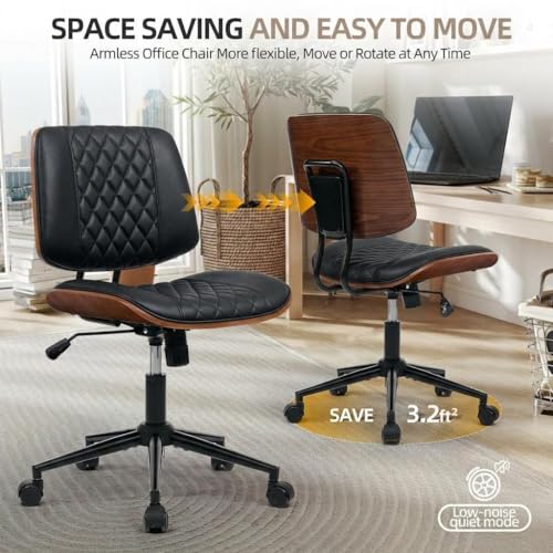 Home Office Desk Chair with Swivel Wheels, Ergonomic Adjustable Height Small Office Chair, Premium PU Leather Armless Computer Chair for Home Office, Reading Meeting Room, Modern Walnut Style (Black) - color: Mcm Style-black