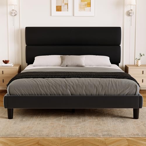 GRUSIGN Queen Size Platform Bed Frame with Velvet Headboard, Adjustable Height Wooden Slats Support, Upholstered Mattress Foundation, Fits Mattress or Mattress with Box Spring, Easy Assembly, Black - color: Black, size: Queen