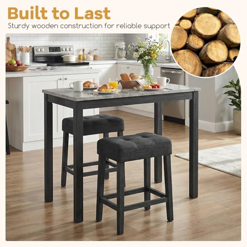 COSTWAY 3-Piece Wooden Bar Table Set with Charging Station | Modern Counter Height Table, Faux Marble Top, 2 Padded Stools, Console Table Set for Living Room, Kitchen, Dining Room, Gray - color: Grey