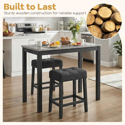 COSTWAY 3-Piece Wooden Bar Table Set with Charging Station | Modern Counter Height Table, Faux Marble Top, 2 Padded Stools, Console Table Set for Living Room, Kitchen, Dining Room, Gray - color: Grey
