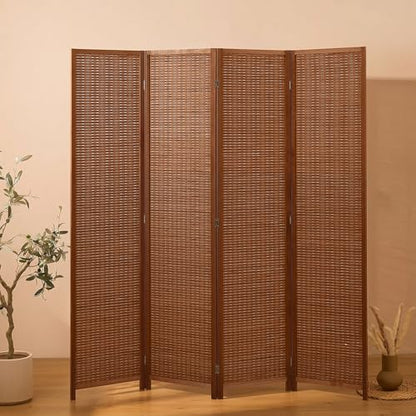 4 Panel Bamboo Room Divider, Folding Privacy Screen, Dark Brown | Pine wood frame, dual-action stainless steel hinges, 5.6FT tall, extends to 63 inches wide, no assembly - color: Dark Brown, size: 4 Panel