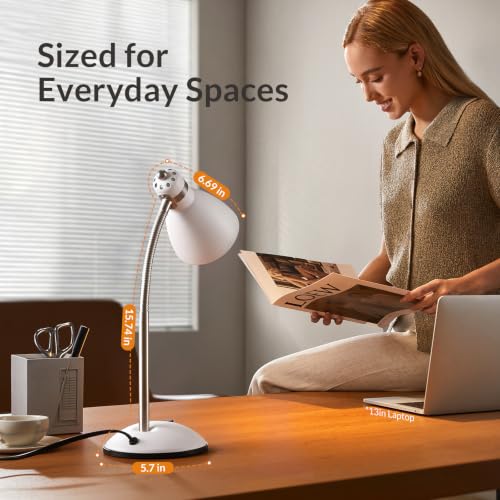 LEPOWER Metal Desk Lamp, Adjustable GooseNeck Reading Light for Bedroom | Compact & Sturdy, Space-Saving for Bedside & Dorm, E26 Table Lamp, Eye-Caring, Ideal for Study, Office, Back to School - color: White