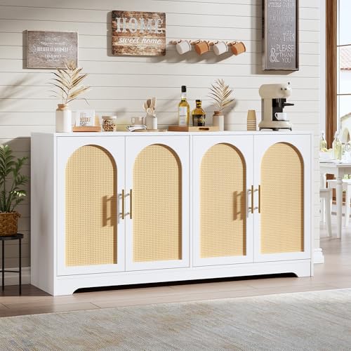 Garvee 59" Rattan Sideboard Buffet Cabinet - Large Storage Cabinet with 4 Doors, Modern Console Table Accent Coffee Bar Cabinet for Living Room, Kitchen, Hallway, Dining Room, White - color: White, size: 4 Doors