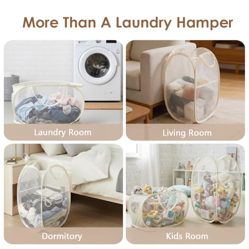 2 pcs Foldable Pop up Hamper, Collapsible Mesh Laundry Hamper, Storage Basket with Reinforced Handles, Breathable Space-Saving Organizer for Laundry, Kids Toys, Bathroom, Living Room, Dorm