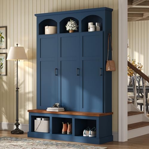 Merax Classic Arched Hall Tree with 3 Hidden Storage, Farmhouse Mudroom Bench with 5 Hooks, Mid-Century Entryway Organizer for Shoes, Blue