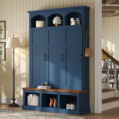 Merax Classic Arched Hall Tree with 3 Hidden Storage, Farmhouse Mudroom Bench with 5 Hooks, Mid-Century Entryway Organizer for Shoes, Blue