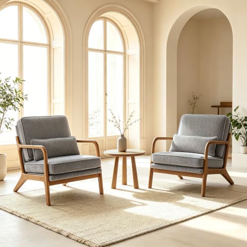 Karl home Mid-Century Accent Reading Chairs Set of 2, Light Grey | Corduroy Upholstered, Solid Wood Frame, Soft Cushion, Lumbar Pillow, Lounge Armchair for Living Room, Bedroom, Balcony, Study - color: Corduroy Light Grey