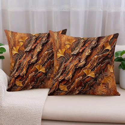 Ginkgo Leaves Throw Pillow Covers Set of 2, Natural Rustic Bark Texture Wood Grain Fall Brown with Hidden Zipper Pattern Pillow Covers for Living Room Bedroom Loft Office Car Decor 18x18 Inch - size: 18" x 18" (Pack of 2)