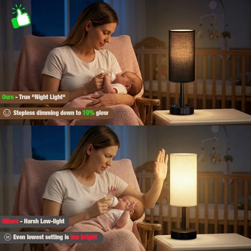 Black Touch Bedside Lamp for Bedroom, Stepless Dimmable, USB A+C, AC Outlet | Base Touch Button Only, Memory Brightness, Ultra-dim Night Light, Included Bulb for Optimal Dimming, Black Fabric Shade, Desk - color: Black & Black