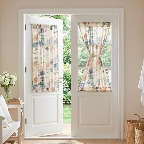 MYSKY HOME Floral Linen French Door Curtains 40 inch Long 2 Panels for Front Door Light Filtering Privacy Semi Sheer Window Curtains with Rod Pocket, Brown, 24" W Each Panel - color: A-brown, size: 24"W x 40"L (Pack of 2)