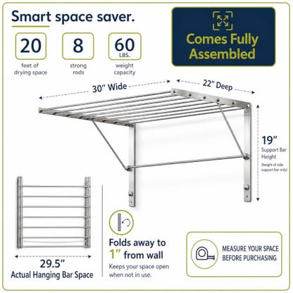 | Wall Mounted | Clothes Drying Rack | 30" Wide | 20 Linear Feet Capacity | 8 Smooth Round Stainless Steel Rods | 60 lb Capacity | Fully Assembled | Compact Sturdy Space-Saving Design - size: 30 inches