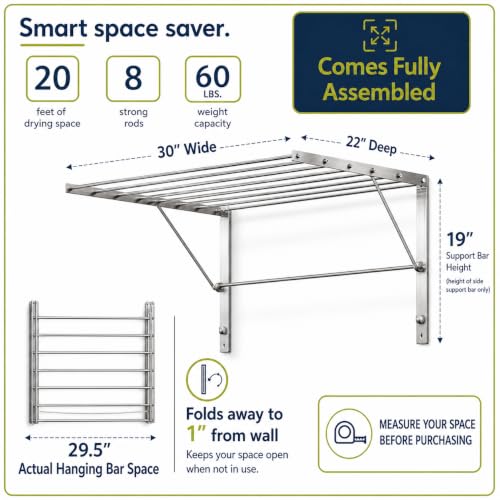 | Wall Mounted | Clothes Drying Rack | 30" Wide | 20 Linear Feet Capacity | 8 Smooth Round Stainless Steel Rods | 60 lb Capacity | Fully Assembled | Compact Sturdy Space-Saving Design - size: 30 inches