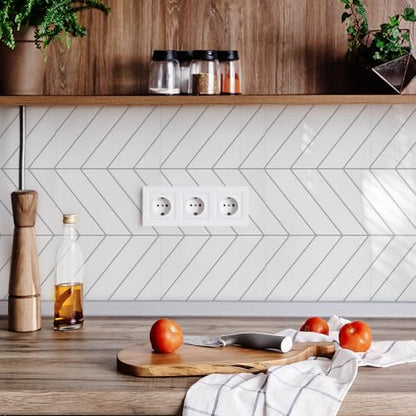 STICKGOO Herringbone Peel and Stick Backsplash, White/Grey Grout, 10 Sheets | 12.6 x 9.7 in, Thicker Rectangular Vinyl Stick-On Wall Tiles, Easy Alignment, Waterproof, Easy to Clean, Kitchen/Bathroom - color: White With Grey Grout, size: Pack of 10
